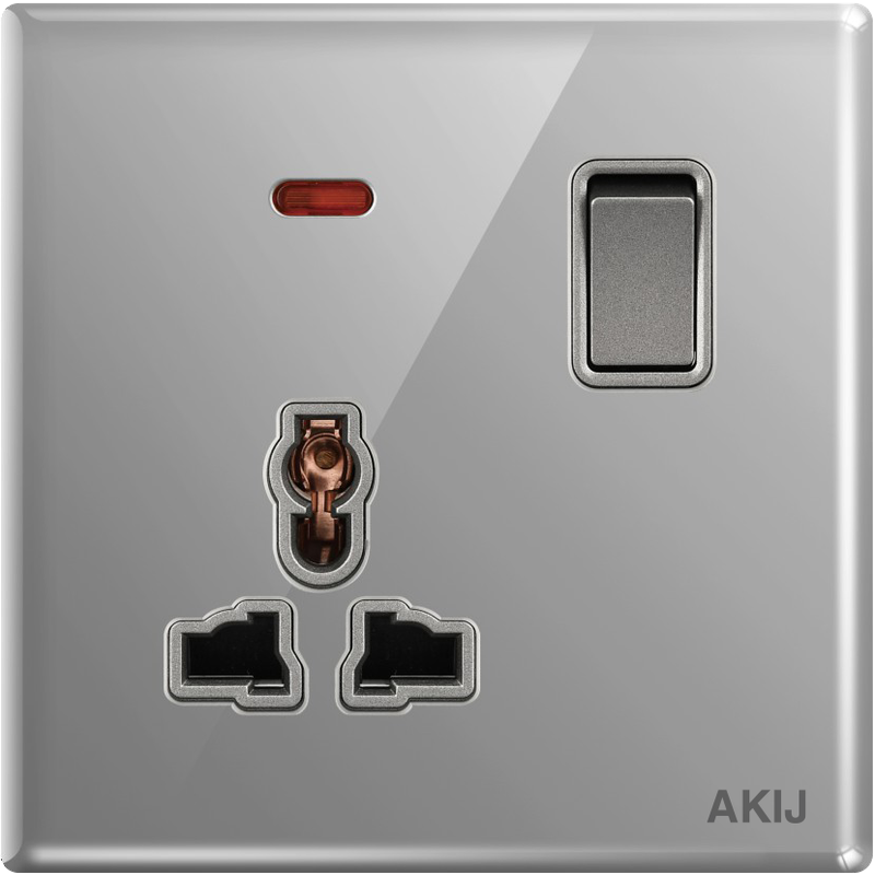 AKIJ Divine 3 Pin Universal Socket With Switch 16A -Grey - FDG3PS91908
