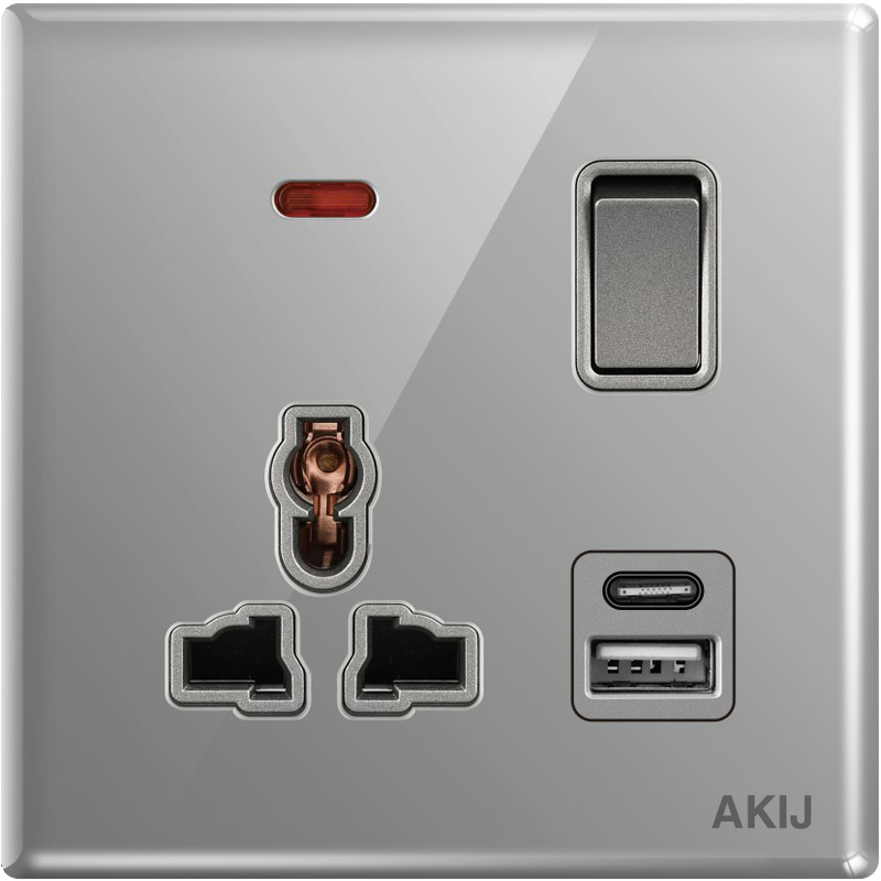 Akij Divine 3 Pin Universal Socket 13A With USB A+C 5V 3A -Grey - FDG3PU91910