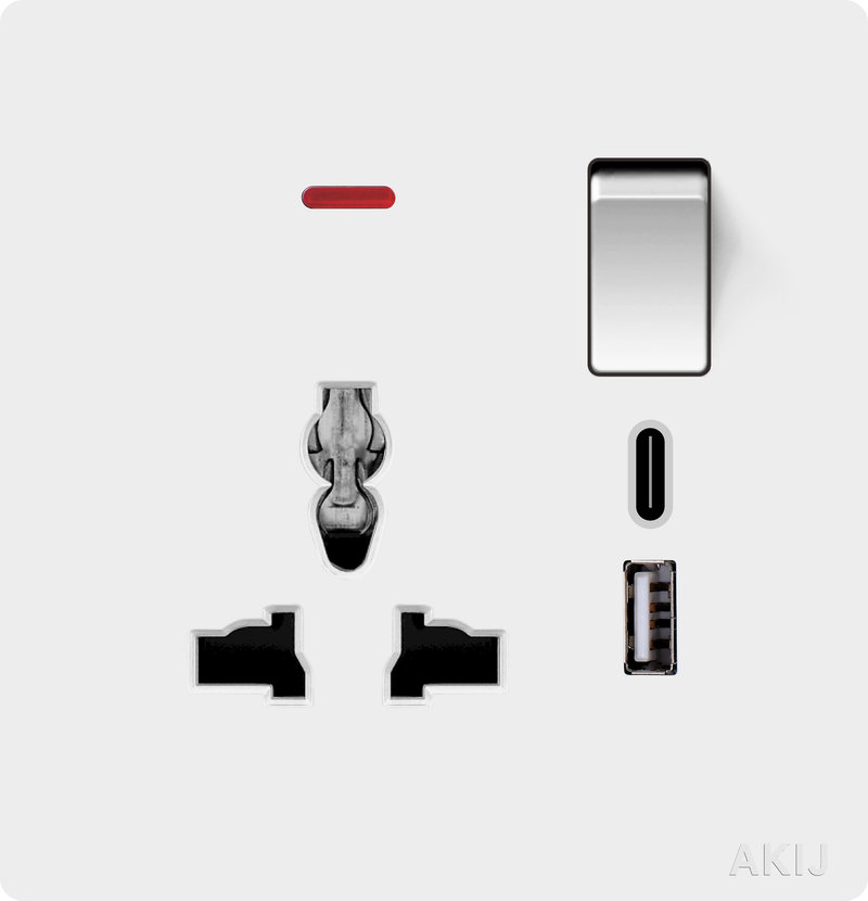 Akij Roma 3 Pin Universal Socket With USB+C Type 13A -White - FR3P1310983