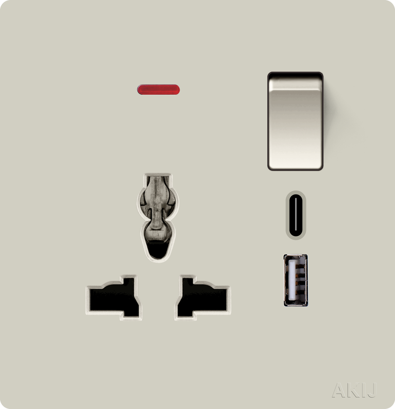 Akij Roma 3 Pin Universal Socket With USB + C type 13A -Golden - FR3P1310962
