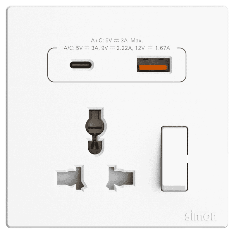 M3 White 3 Pin Universal Socket With USB + C type 13A - FGMW3P90400