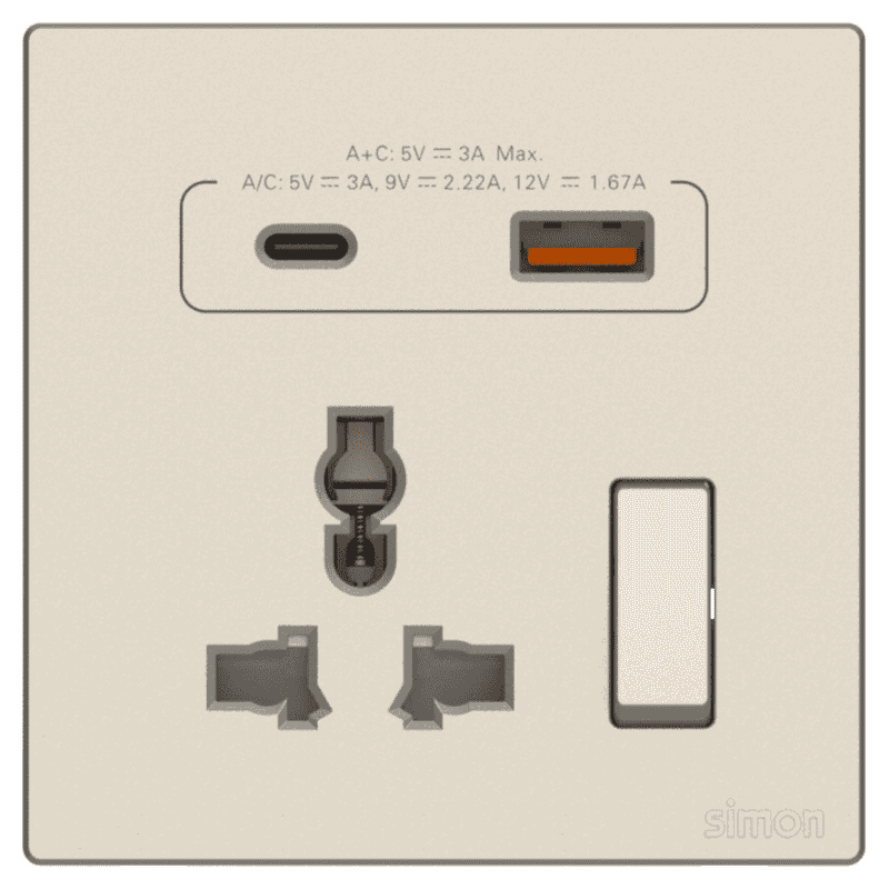 M3 Champagne 3 Pin Universal Socket With USB + C type 13A - FMC3PU90418