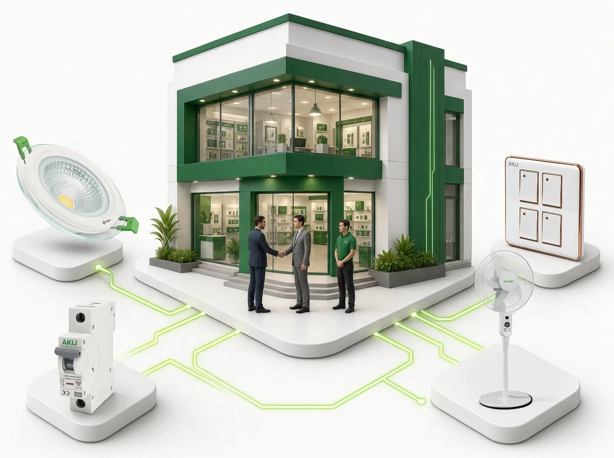 Akij Electricals channel partner showroom with LED bulb, wall switch, circuit breaker and cable coil connected by glowing circuit lines