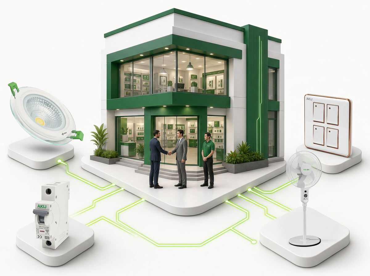 Akij Electricals channel partner showroom with LED bulb, wall switch, circuit breaker and cable coil connected by glowing circuit lines